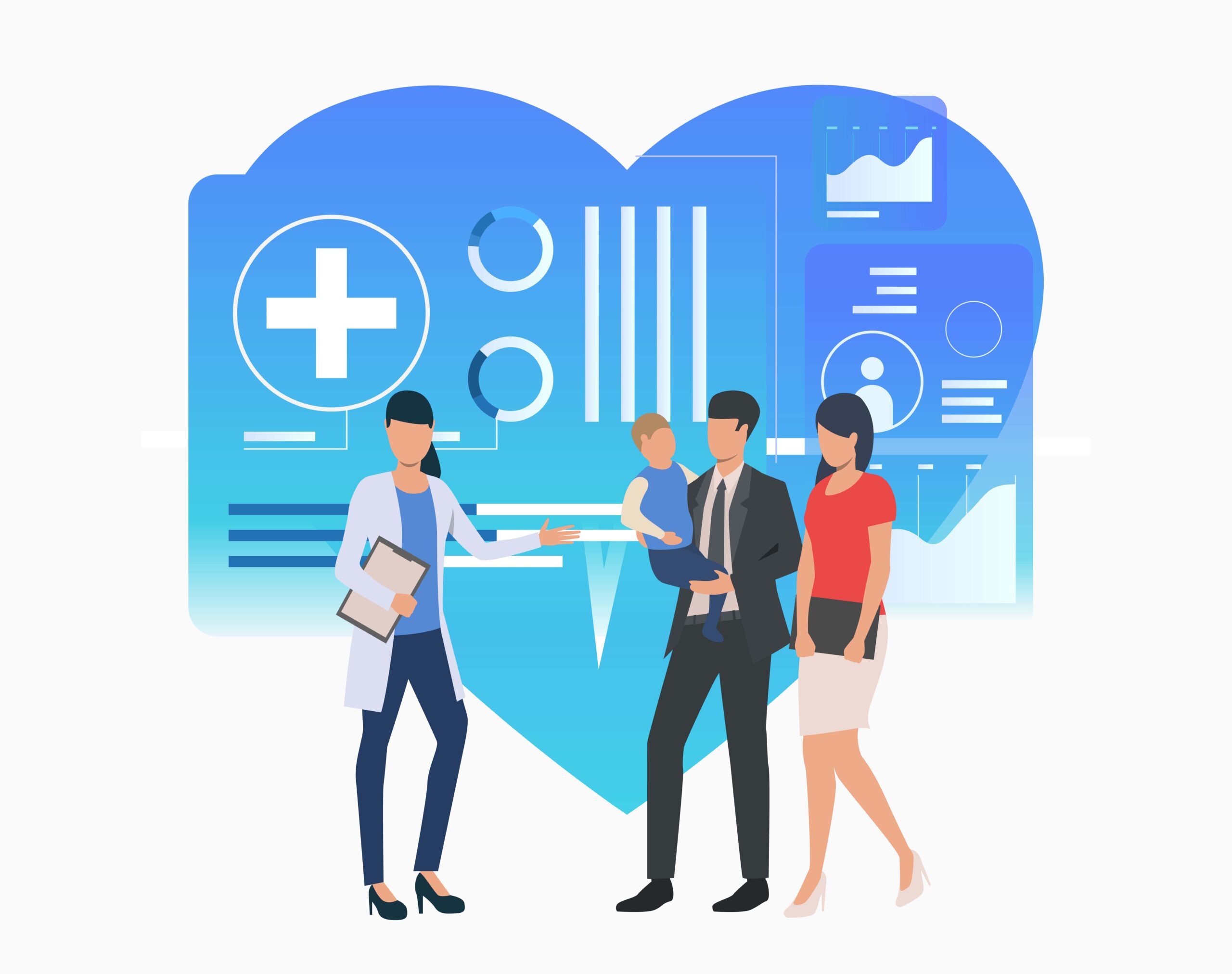 family with baby visiting doctor vector illustration